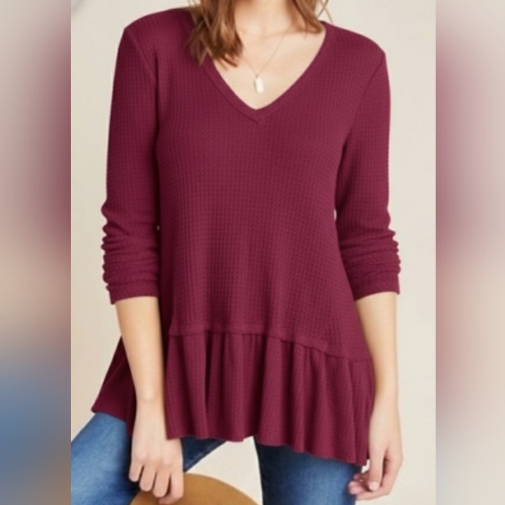 Anthropologie ERI + ALI Tallie Thermal Waffle Knit Peplum Top, Magenta Berry, XS